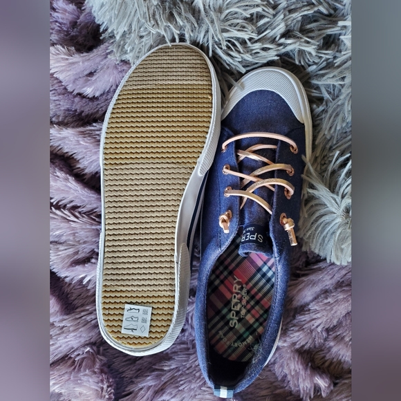 New Sperry Pier Wave Slip On Sneaker 5 Blue Gold Shimmer - Picture 1 of 2